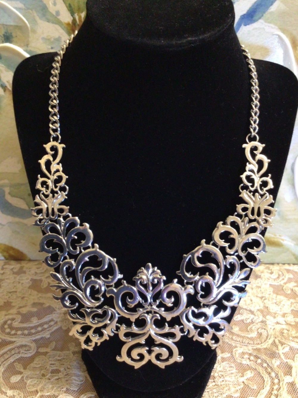 Bib Collar Necklace Silver-tone Ornate Scrollwork Pattern